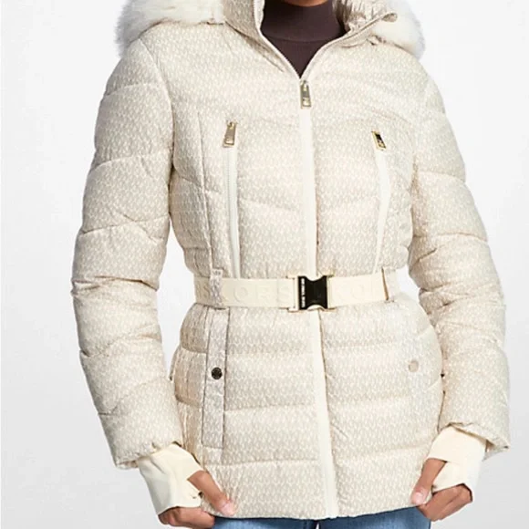 Michael Kors Monogrammed Puffer Jacket with Fur Hood - Picture 12 of 13